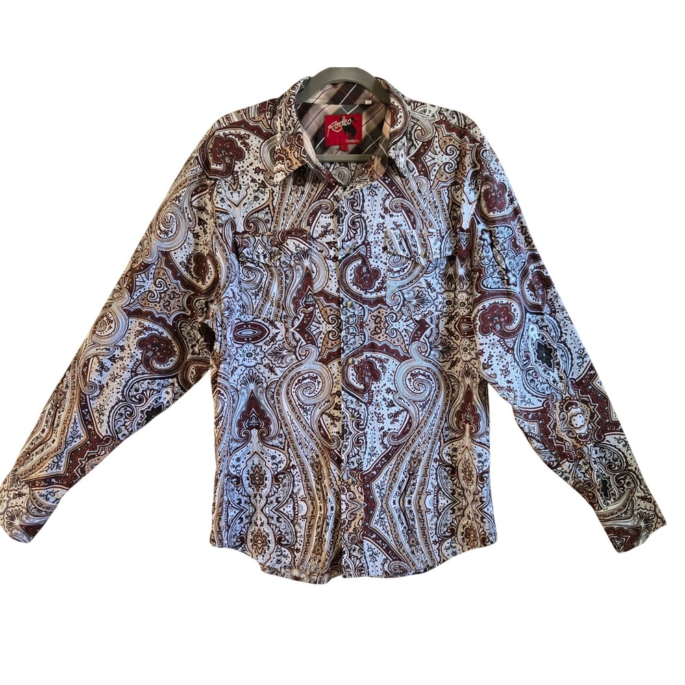 Rodeo Clothing Co Mens XL Paisley Western Pearl Snap Shirt Brown Tan Shirt NWOT